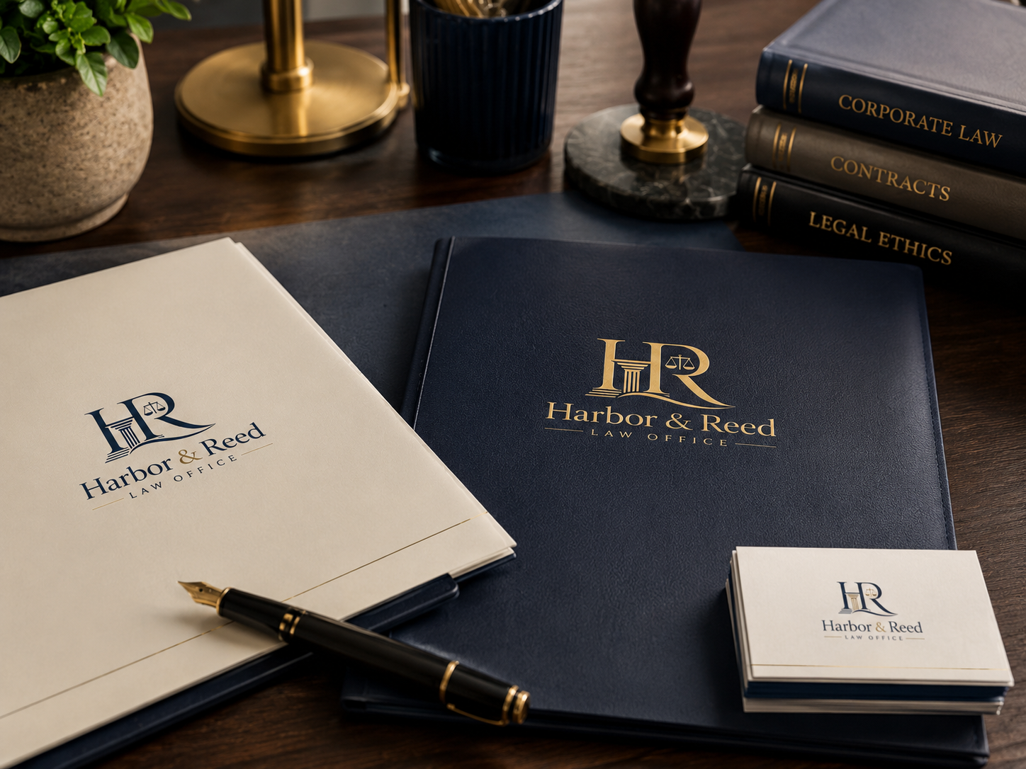 Harbor & Reed branded legal folders and desk materials